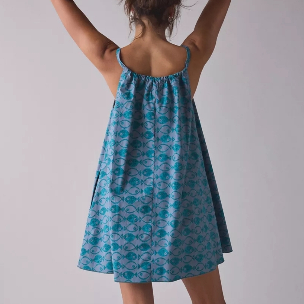 BDG Eva Tie-Front Ruched Strap Trapeze Mini Dress Blue Multi - Picture 2 of 8
